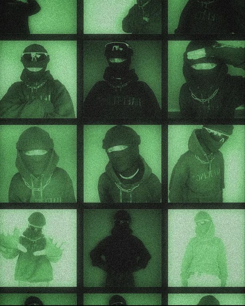 Grid of green night-vision stills of masked figures in hoodies and chains