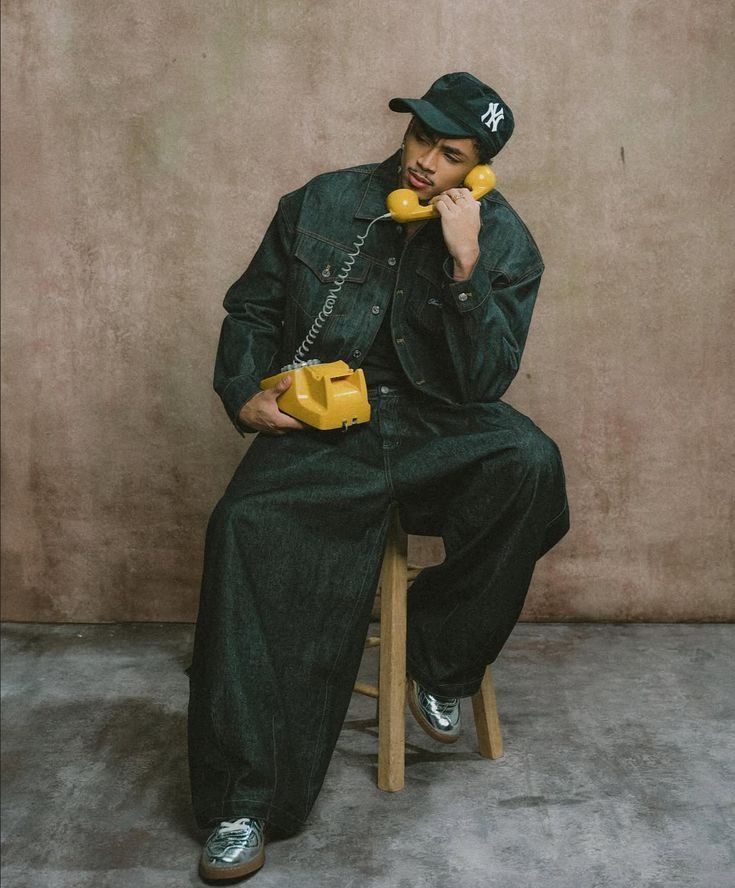 Model in a full denim outfit and NY cap on a stool holding a yellow rotary phone