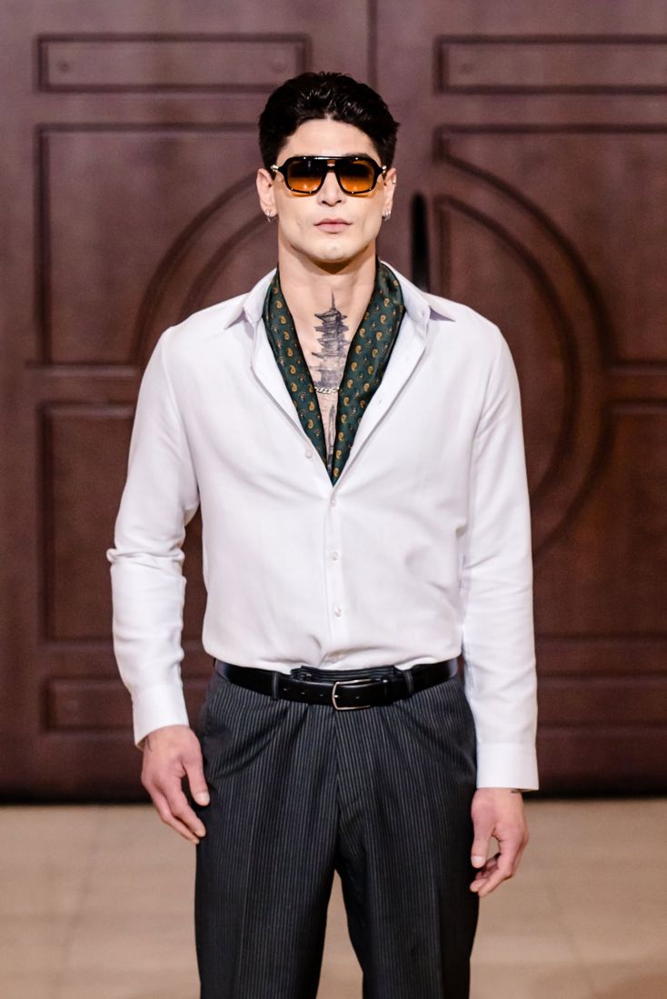 Look 06: Open white shirt, paisley silk scarf, pinstripe trousers