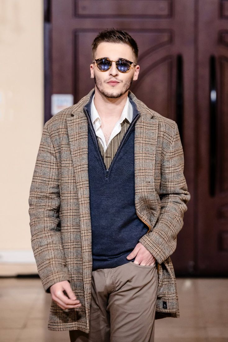 Look 08: Check overcoat, navy half-zip, chinos, round tortoise shades