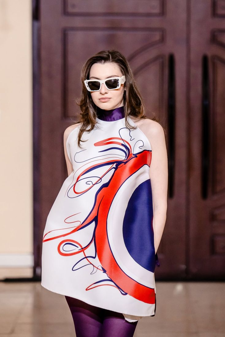 Look 14: Graphic print satin shift, purple tights, white frames