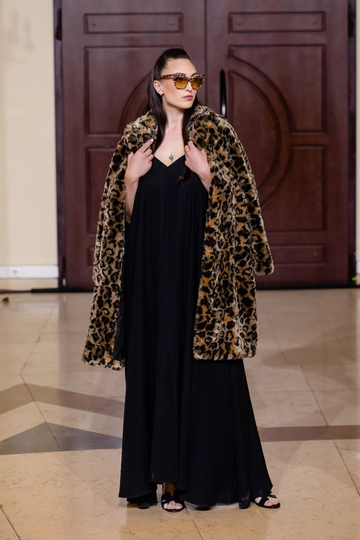 Look 20: Leopard coat over a black slip dress
